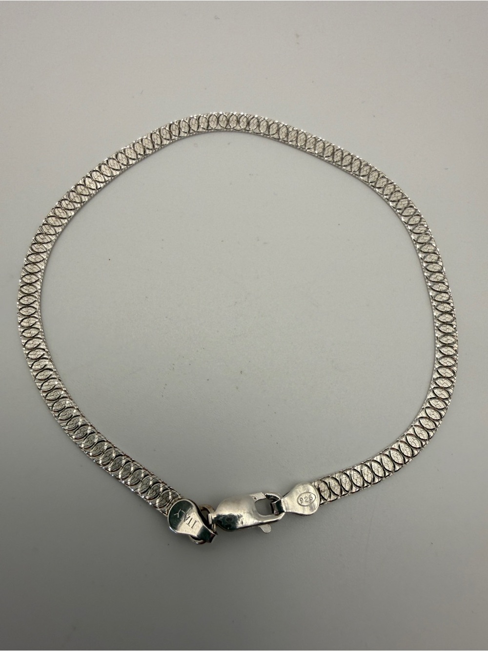 925 Silver Italian Etched Herringbone Chain Bracelet 7.25"